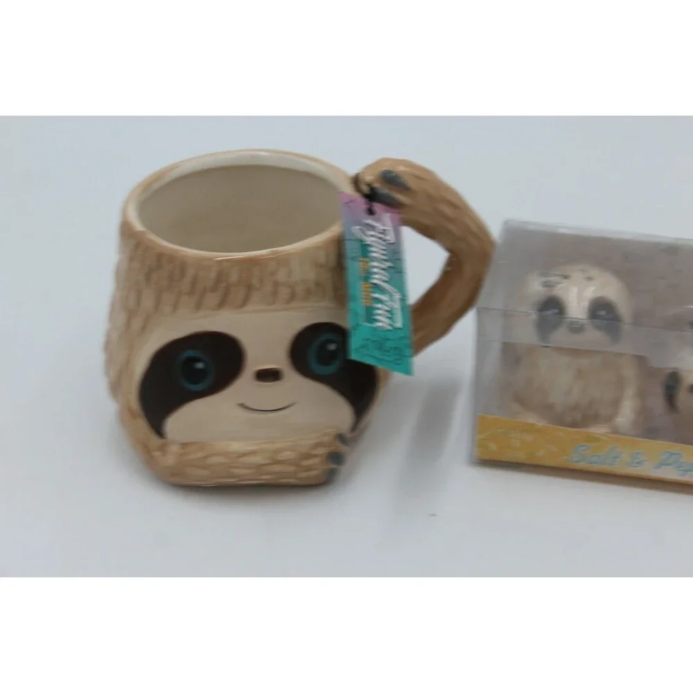 BW Live Slow Sloth Salt & Pepper Shakers Mug Sponge Holder Lot of 4 pcs Cute Set